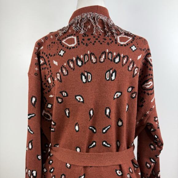 On Twelfth Rust Brown Bandana Print Cardigan XL Fringe Belted Boho Western Wool - Picture 8 of 13